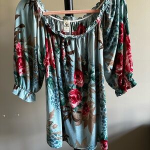 Sew In Love Red and Pink Puff Sleeve Blouse - Size S